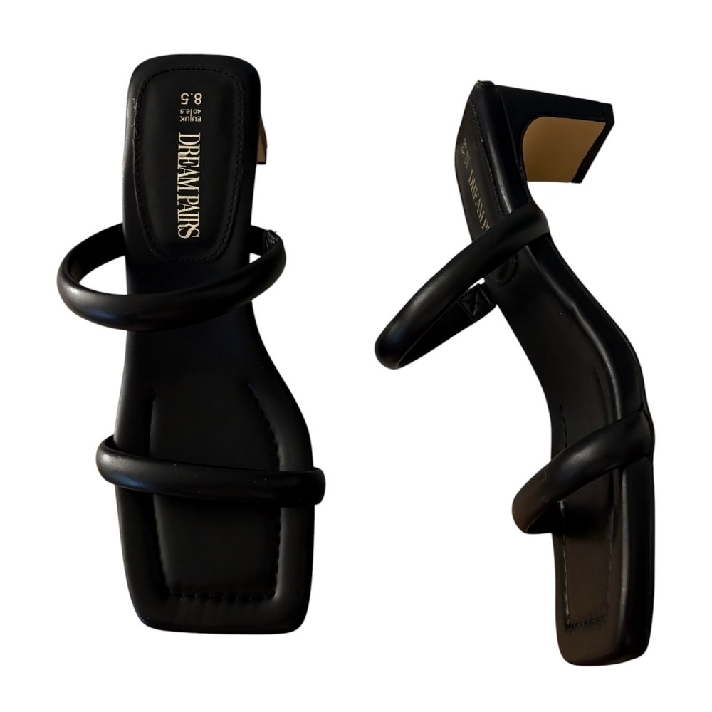 Dream Pairs Black Square Toe Block Heel Slide‎ Sandals Size 8.5 Strappy